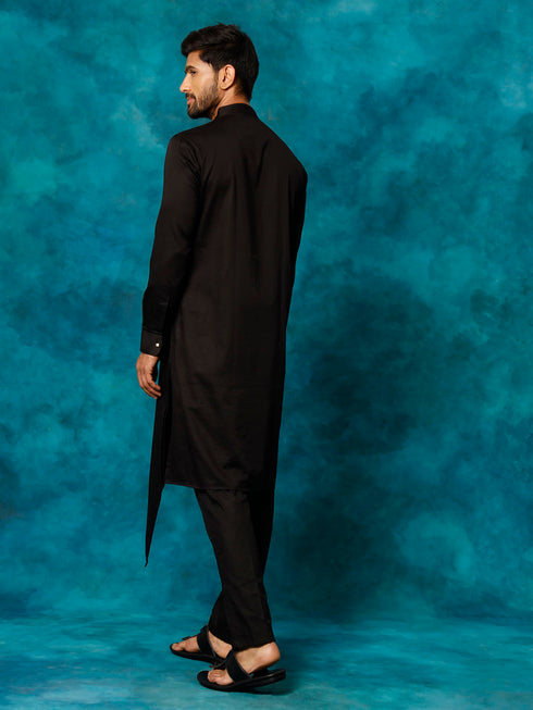 Vastramay Men's Black Cotton Satin Blend Kurta Pyjama Set